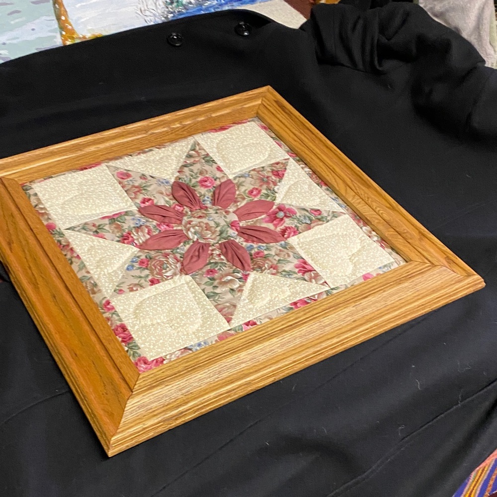 Floral Star Quilted Art with Wooden Frame